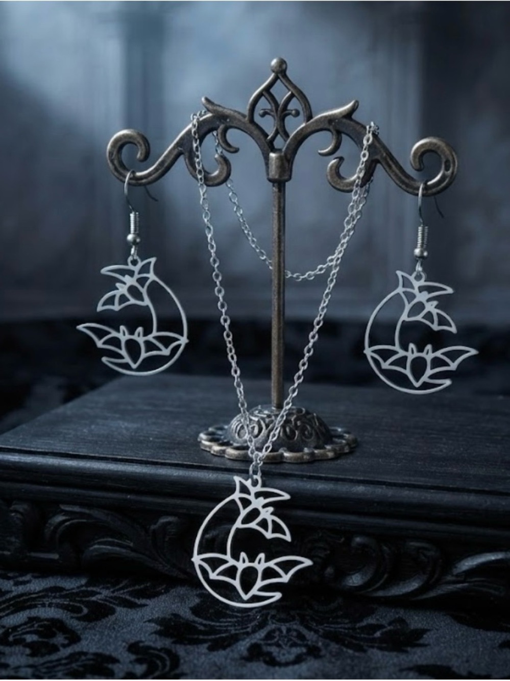 Hand Crafted Silver Moon Bat Pendant Necklace and Earrings Set